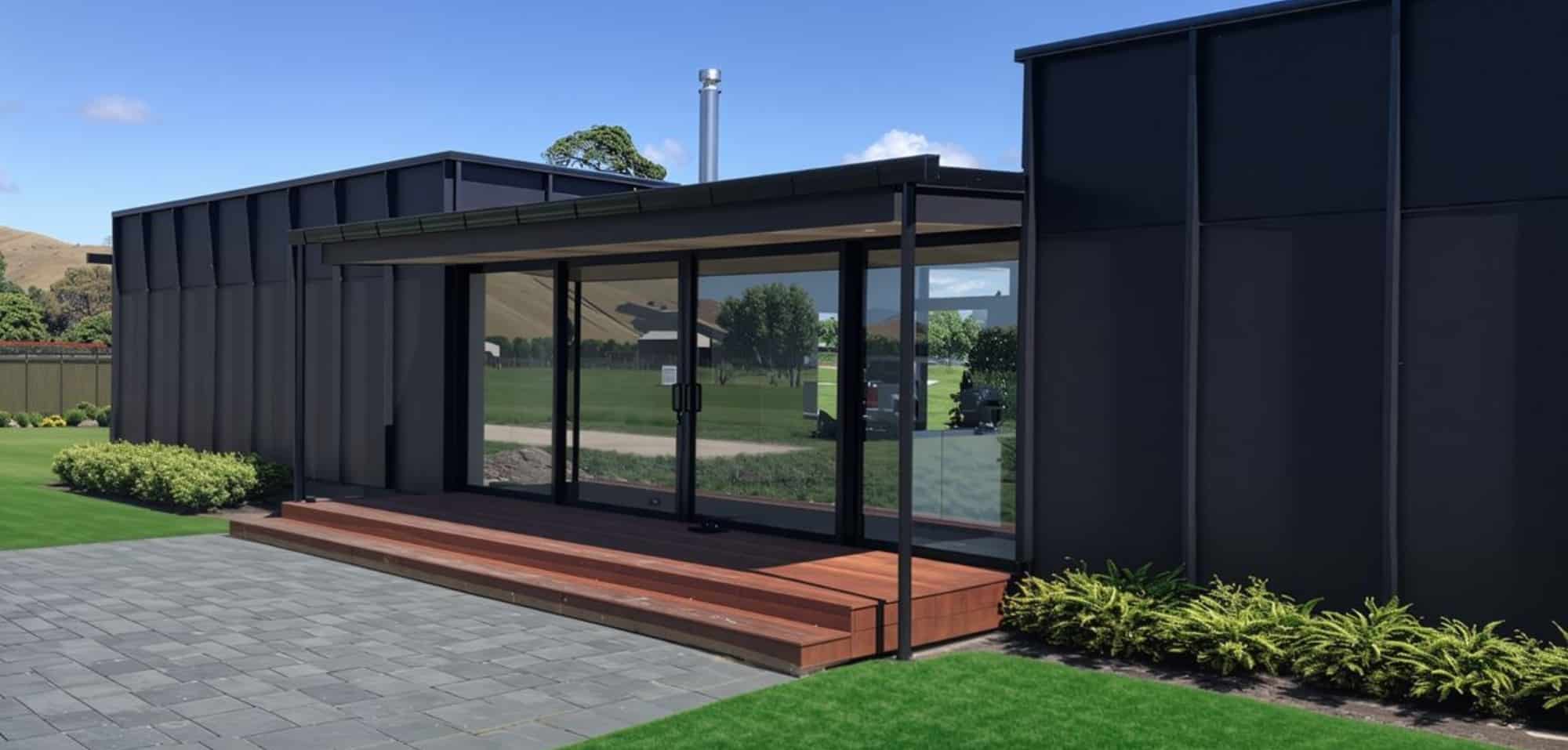 Mutiny Rd rural home with skillion ceilings, glass linkway to garage and open-plan living, designed and built by SS Homes Hawke’s Bay