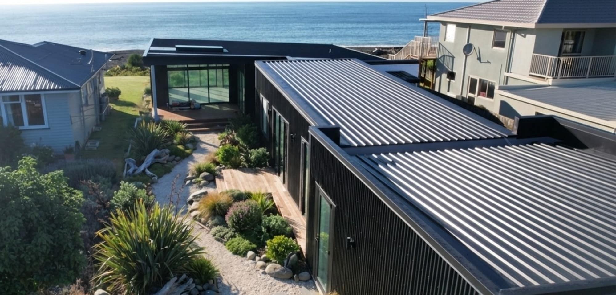 Ferguson Street coastal home designed and built by SS Homes Hawke’s Bay with skillion ceilings and modern black cladding